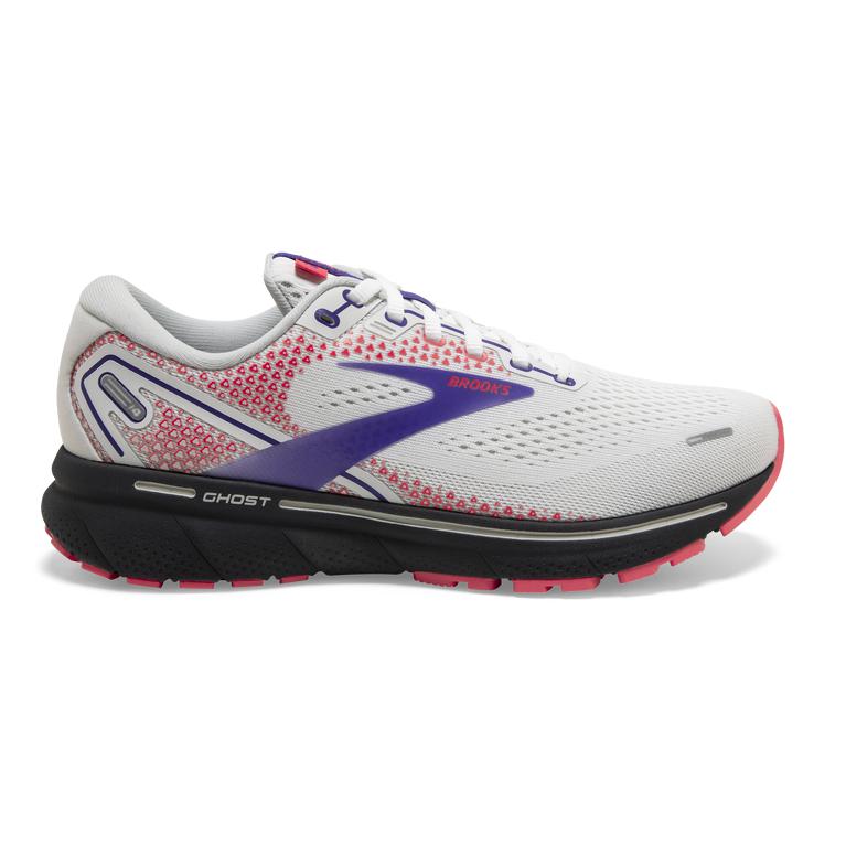 Brooks GHOST 14 Cushioned Road Running Shoes Womens Outlet - White/Purple/Coral (ELJ627189)